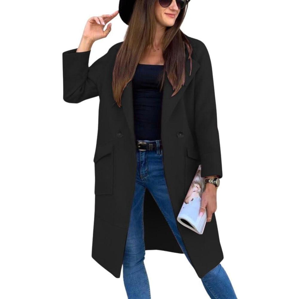 imagechouyatou Womens Casual Double Breasted Long Wool Coat Notched Lapel Office Work Wool Blend Trench Pea CoatBlack