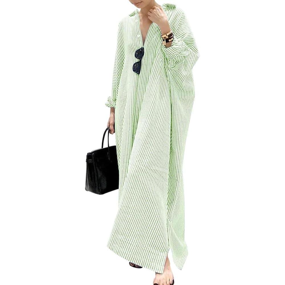 imagechouyatou Womens Casual Long Sleeve Button Down Loose Striped Cotton Maxi Shirt DressGreen