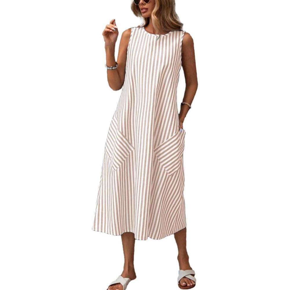 imagechouyatou Womens Casual Loose Vertical Striped Dress Crew Neck Sleeveless Midi Long Tank Dress with PocketsKhaki