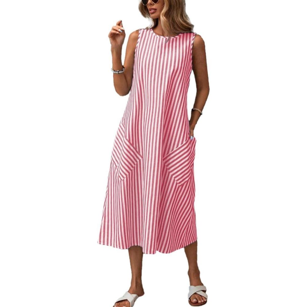 imagechouyatou Womens Casual Loose Vertical Striped Dress Crew Neck Sleeveless Midi Long Tank Dress with PocketsRed