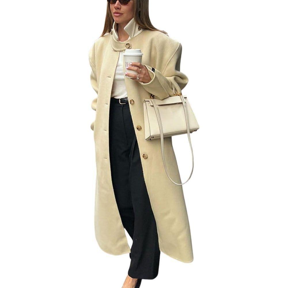 imagechouyatou Womens Casual Stand Collar Wool Coat Single Breasted Duster Long Trench Pea Coat Overcoat with PocketsApricot