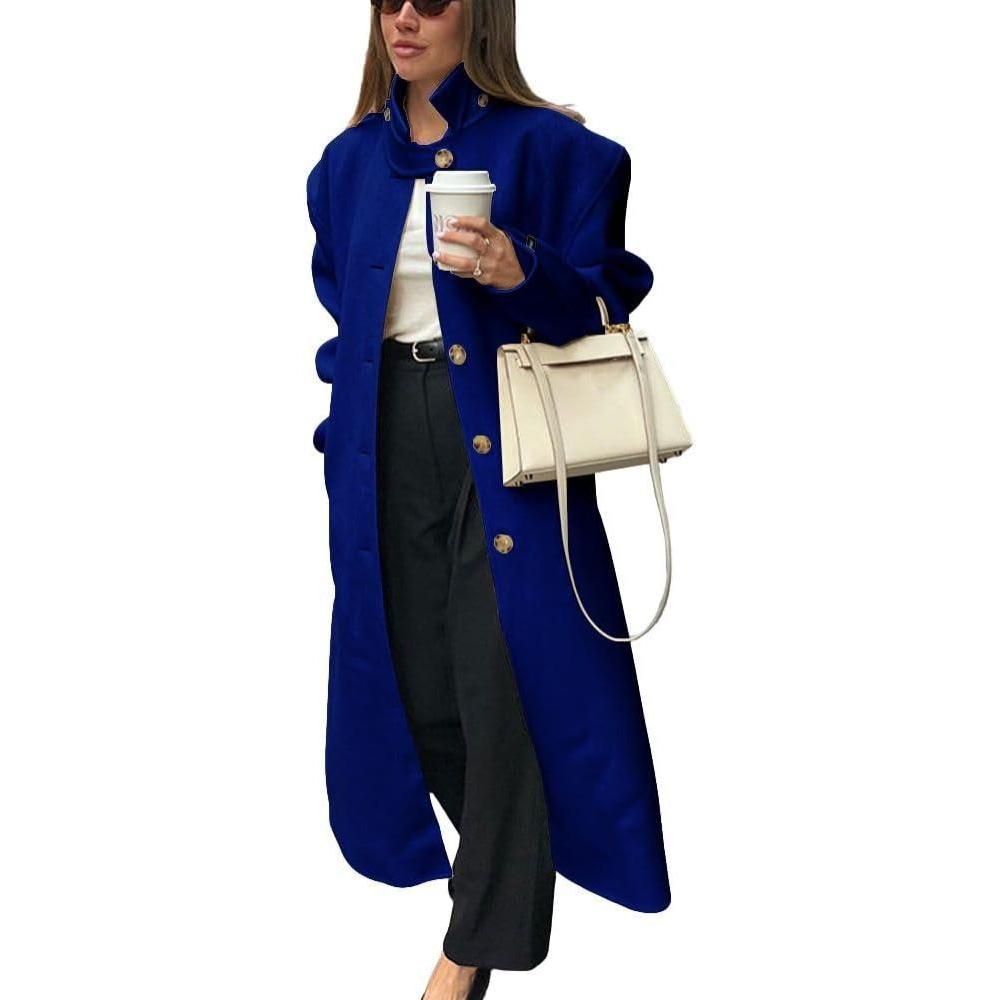 imagechouyatou Womens Casual Stand Collar Wool Coat Single Breasted Duster Long Trench Pea Coat Overcoat with PocketsBlue