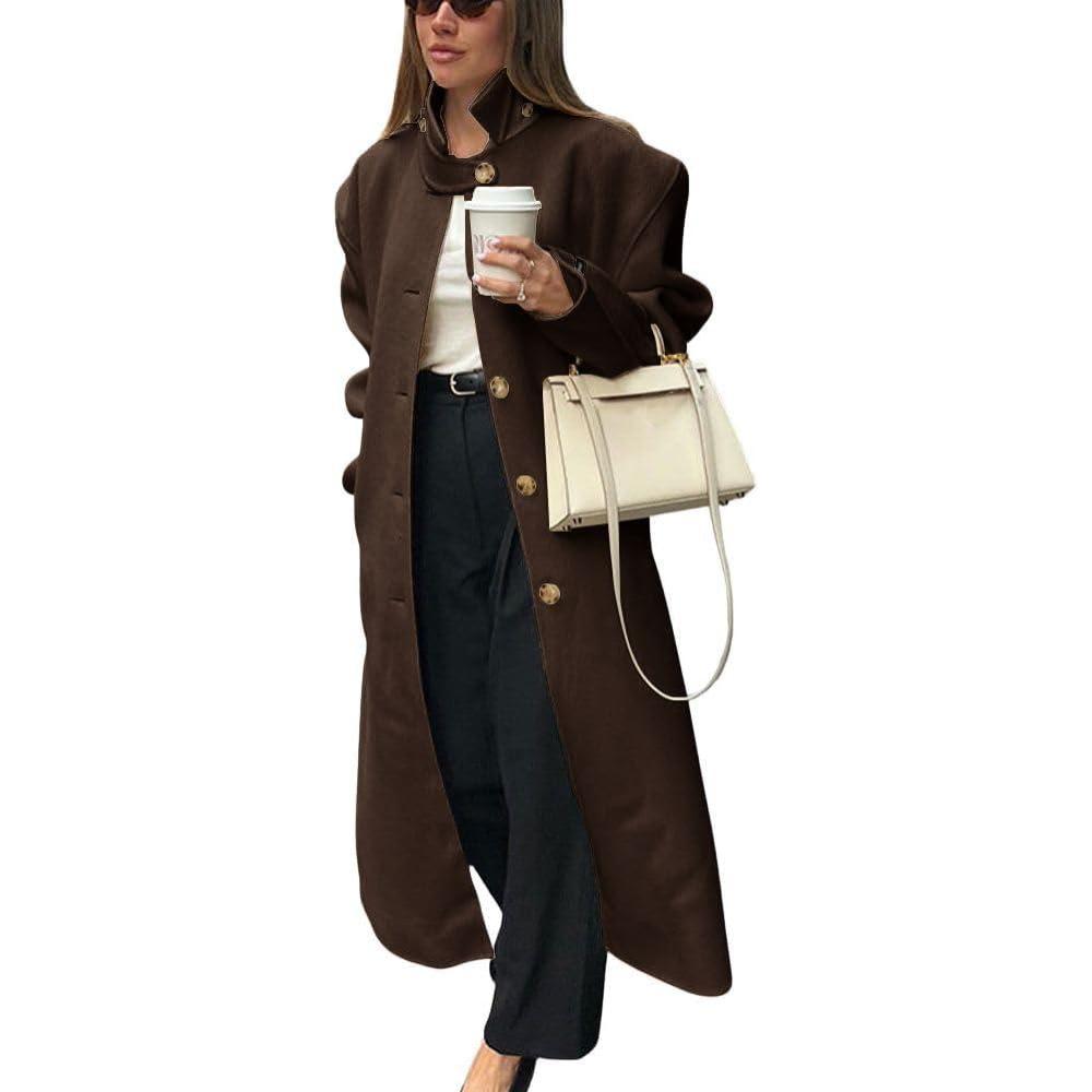 imagechouyatou Womens Casual Stand Collar Wool Coat Single Breasted Duster Long Trench Pea Coat Overcoat with PocketsCoffee