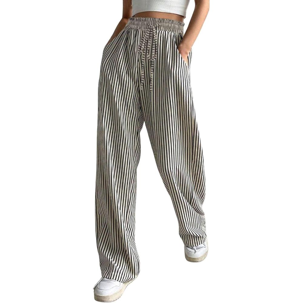 imagechouyatou Womens Casual Striped Wide Leg Pants Drawstring Elastic Waist Dress Palazzo Pants with PocketsBlack