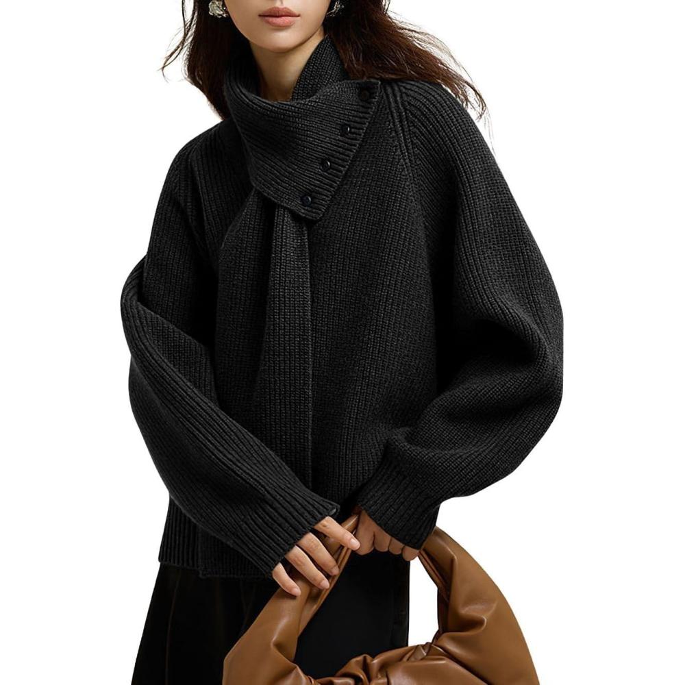 imagechouyatou Womens Casual V Neck Pullover Sweaters Ribbed Knit Slouchy Jumper Tops with Removable ScarfBlack