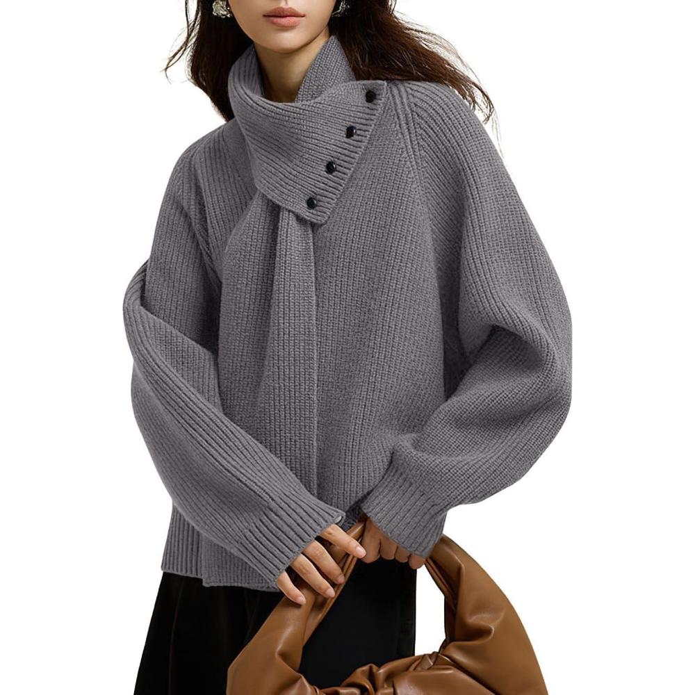 imagechouyatou Womens Casual V Neck Pullover Sweaters Ribbed Knit Slouchy Jumper Tops with Removable ScarfGray