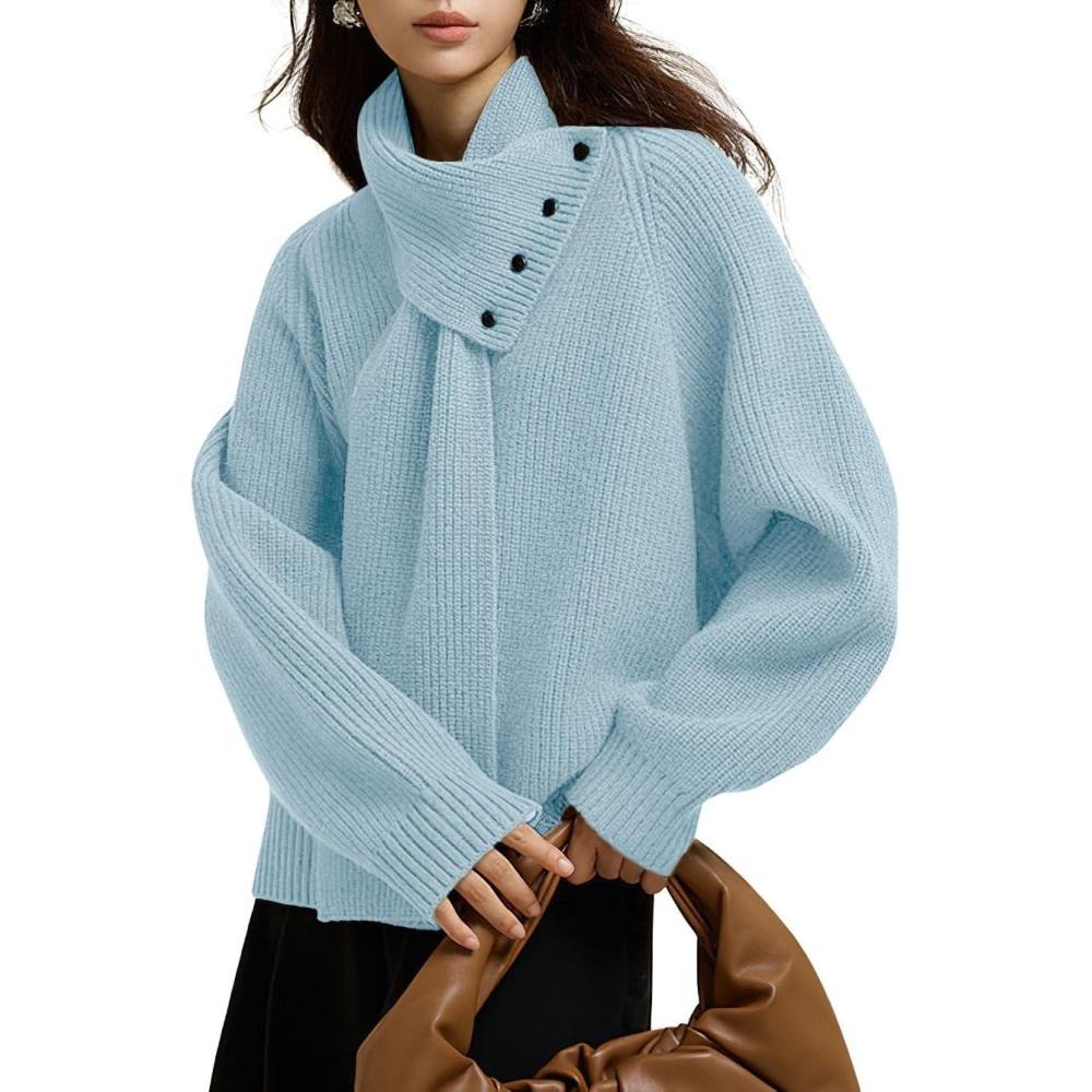 imagechouyatou Womens Casual V Neck Pullover Sweaters Ribbed Knit Slouchy Jumper Tops with Removable ScarfLight Blue