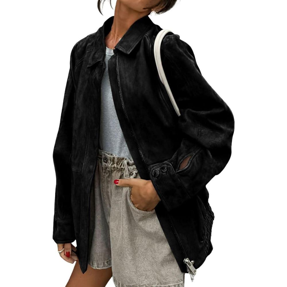imagechouyatou Womens Casual Zip Up Faux Suede Leather Bomber Jacket Vintage Motorcycle Coats Fall Y2k Oversized OuterwearBlack