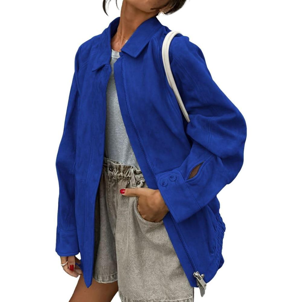 imagechouyatou Womens Casual Zip Up Faux Suede Leather Bomber Jacket Vintage Motorcycle Coats Fall Y2k Oversized OuterwearBlue