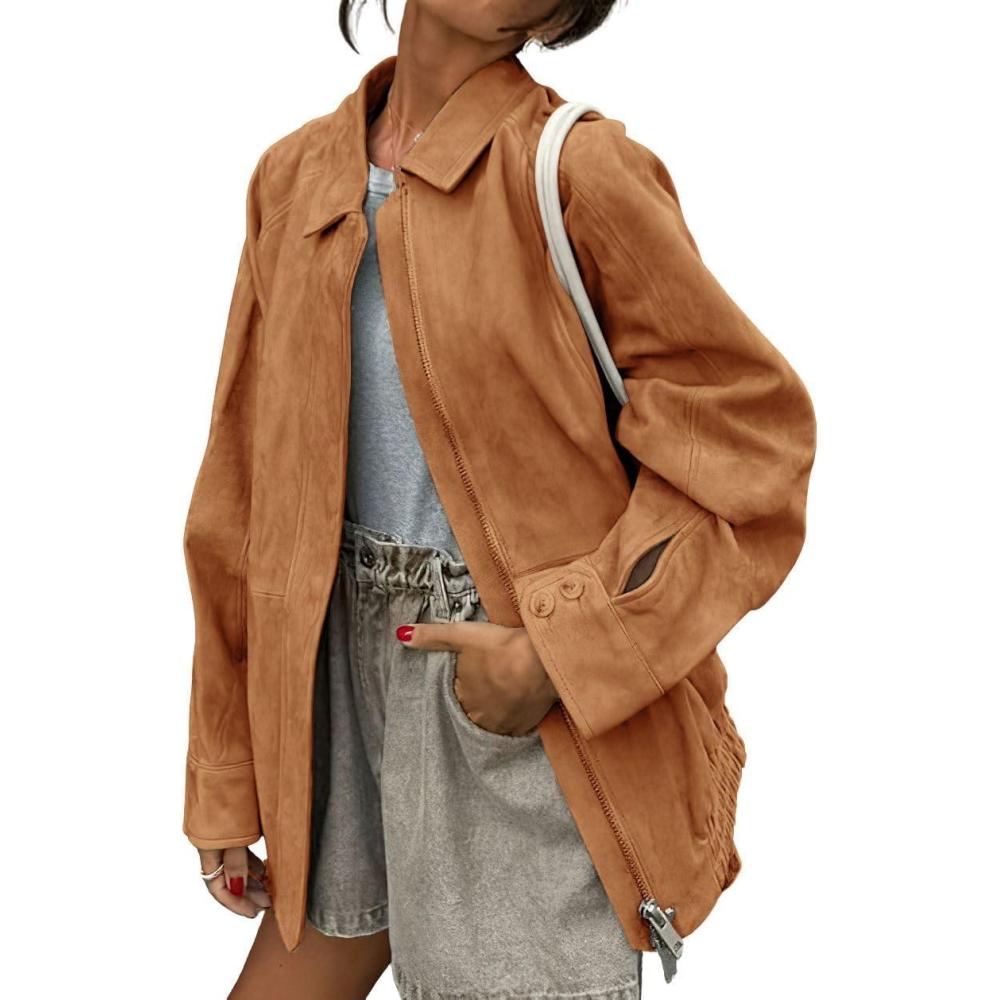imagechouyatou Womens Casual Zip Up Faux Suede Leather Bomber Jacket Vintage Motorcycle Coats Fall Y2k Oversized OuterwearBrown