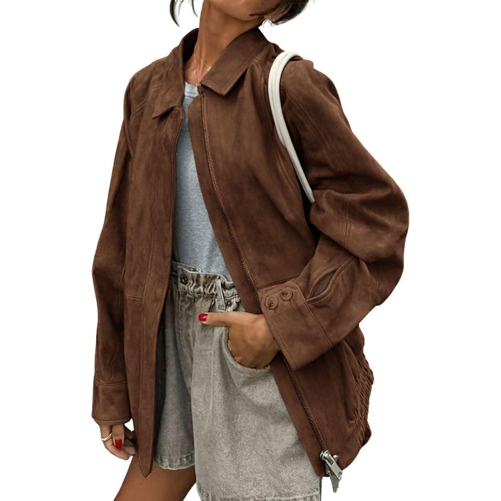 imagechouyatou Womens Casual Zip Up Faux Suede Leather Bomber Jacket Vintage Motorcycle Coats Fall Y2k Oversized OuterwearCoffee