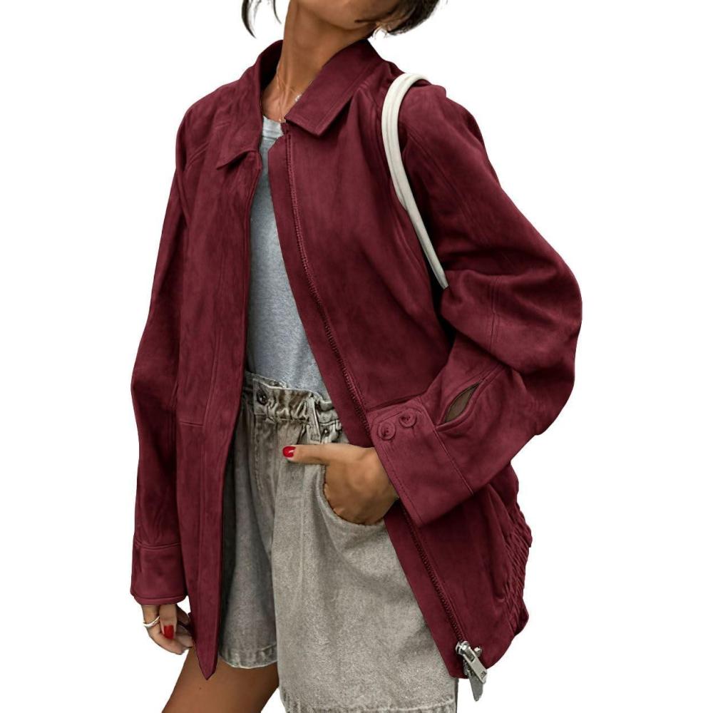 imagechouyatou Womens Casual Zip Up Faux Suede Leather Bomber Jacket Vintage Motorcycle Coats Fall Y2k Oversized OuterwearDark Red