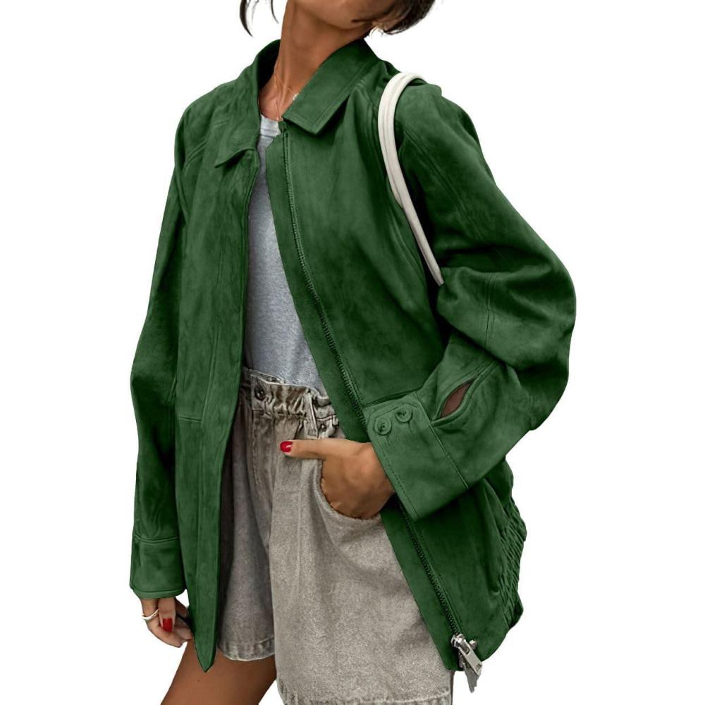 imagechouyatou Womens Casual Zip Up Faux Suede Leather Bomber Jacket Vintage Motorcycle Coats Fall Y2k Oversized OuterwearGreen