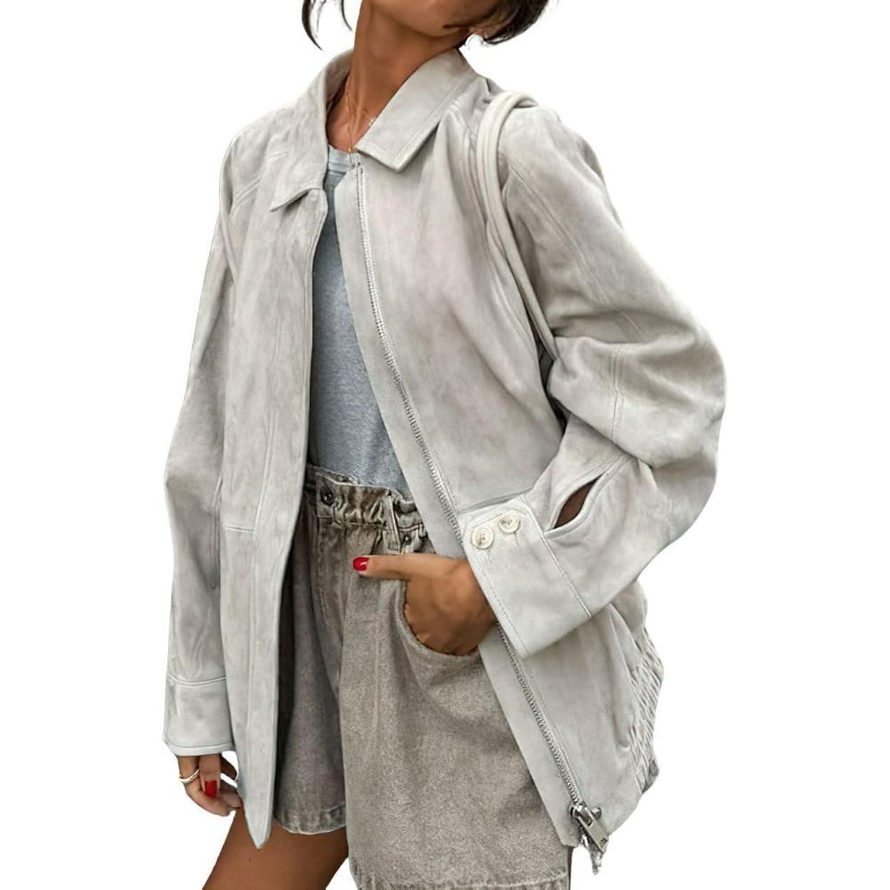 imagechouyatou Womens Casual Zip Up Faux Suede Leather Bomber Jacket Vintage Motorcycle Coats Fall Y2k Oversized OuterwearLight Gray