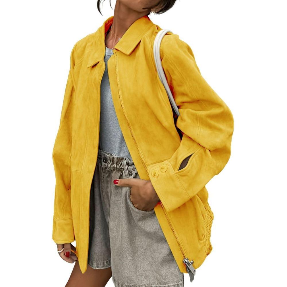 imagechouyatou Womens Casual Zip Up Faux Suede Leather Bomber Jacket Vintage Motorcycle Coats Fall Y2k Oversized OuterwearYellow