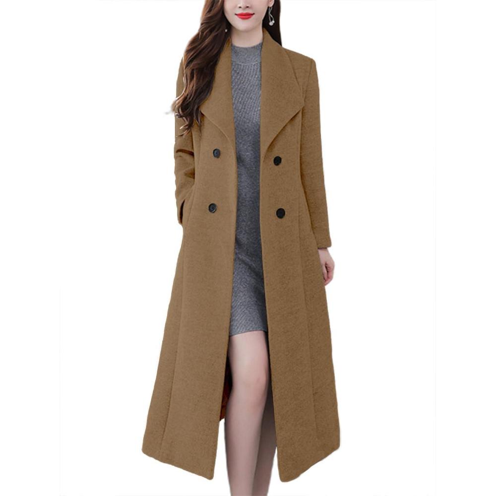 imagechouyatou Womens Chic Shawl Collar Work Double Breasted Maxi Long Wool Pea CoatDark Camel
