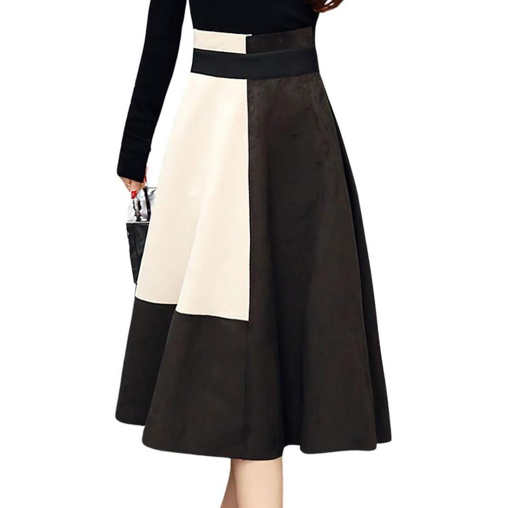 imagechouyatou Womens Color Block Faux Suede Leather ALine Midi Long Skirt Sexy High Waisted Skater SkirtBeige White