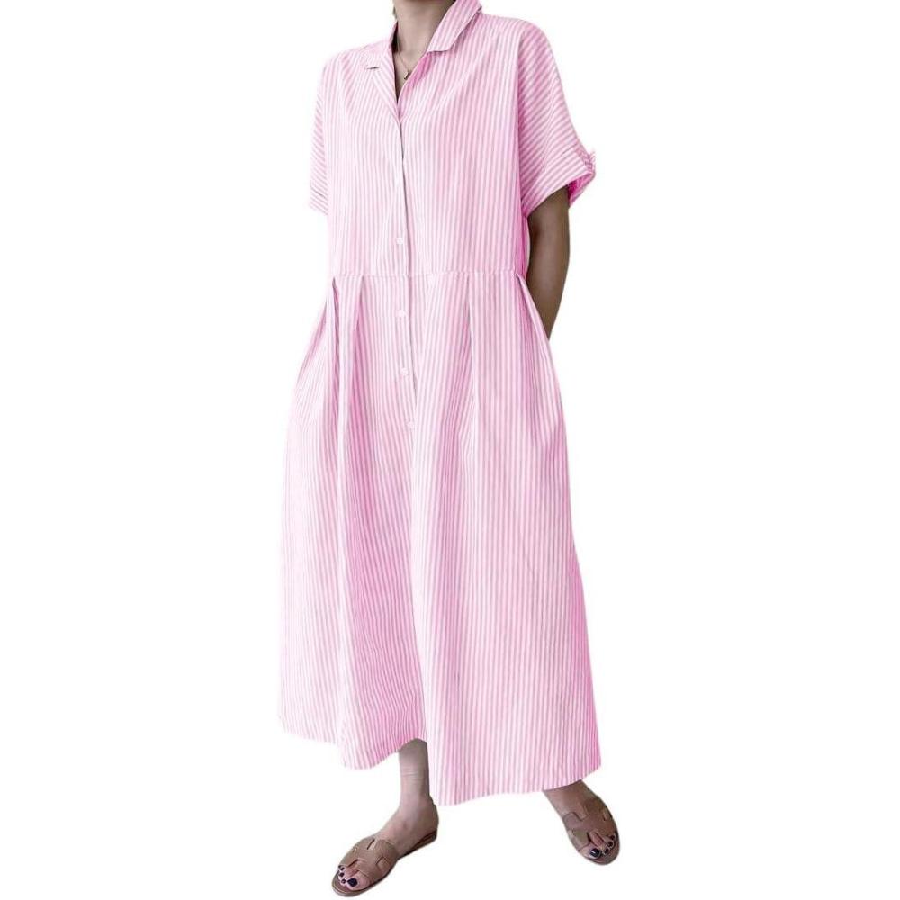 imagechouyatou Womens Cotton Striped Shirt Dress Button Up Short Sleeve Midi Long Shift Dress with PocketsPink