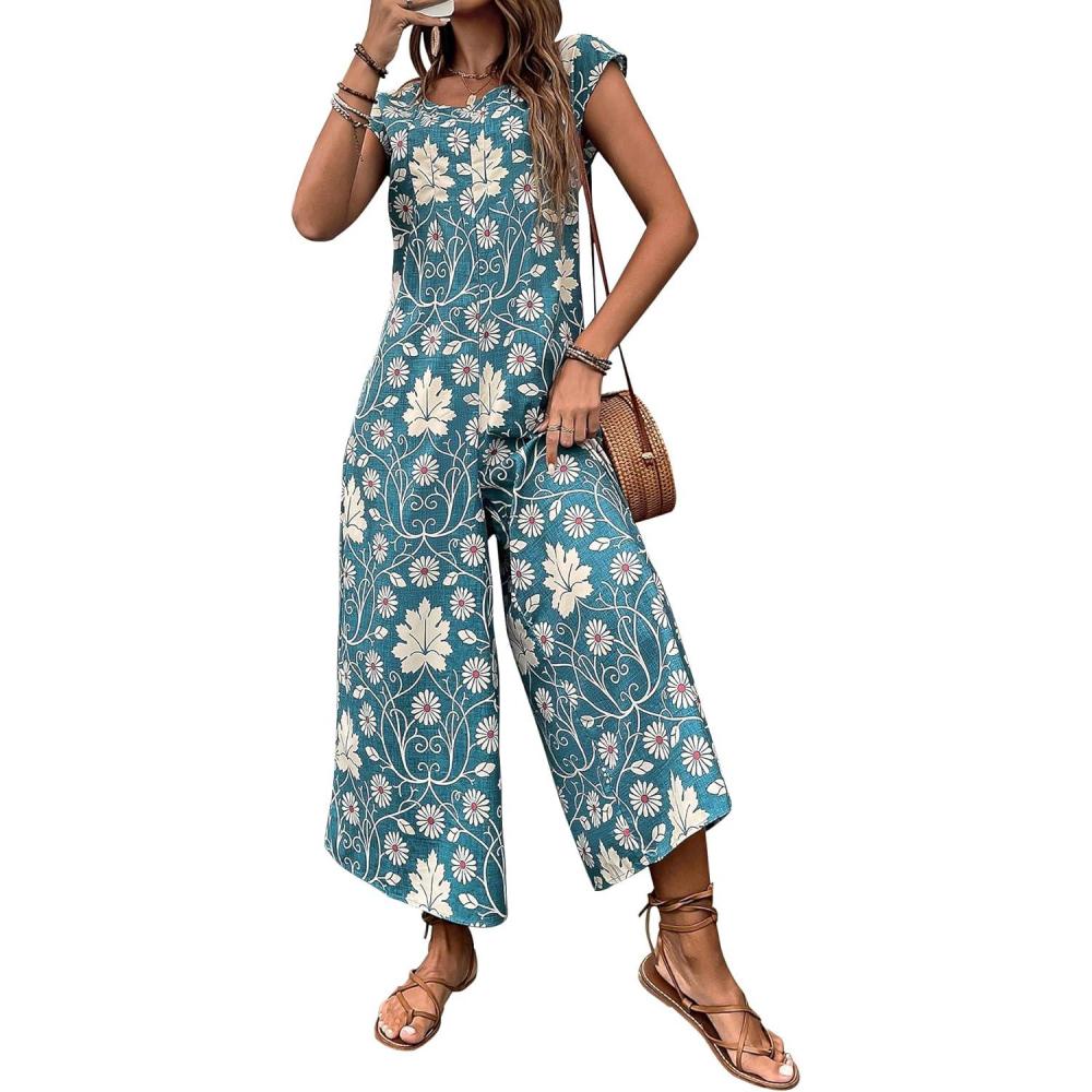 imagechouyatou Womens Cute Daisy Floral Wide Leg Baggy Jumpsuit Rompers Cap Short Sleeve Loose Comfy Overalls PantsBlue