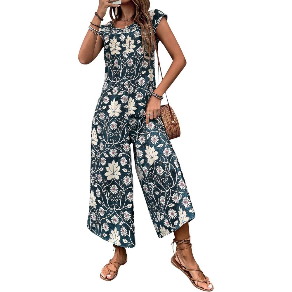 imagechouyatou Womens Cute Daisy Floral Wide Leg Baggy Jumpsuit Rompers Cap Short Sleeve Loose Comfy Overalls PantsDark Gray