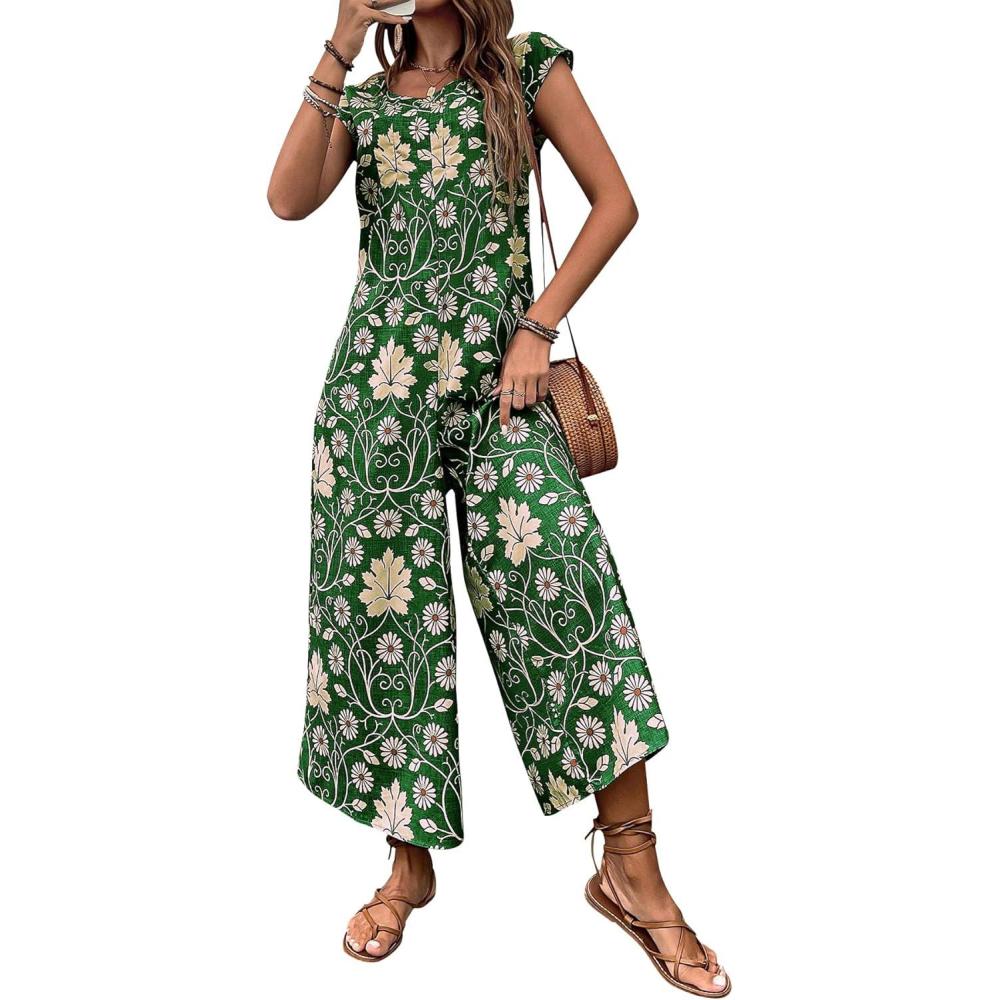 imagechouyatou Womens Cute Daisy Floral Wide Leg Baggy Jumpsuit Rompers Cap Short Sleeve Loose Comfy Overalls PantsGreen
