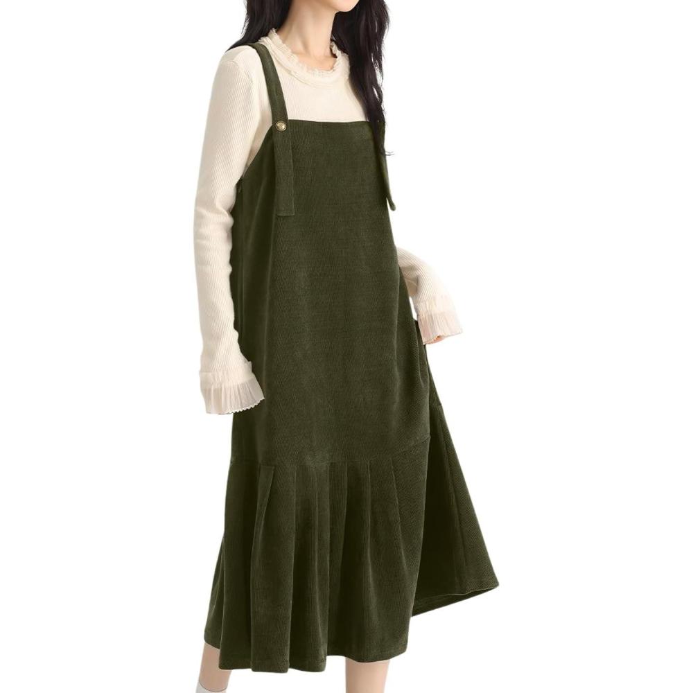 imagechouyatou Womens Cute Ruffle Corduroy Pinafore Overall Dress Pleated Flared Mid Long Bib Jumper DressGreen