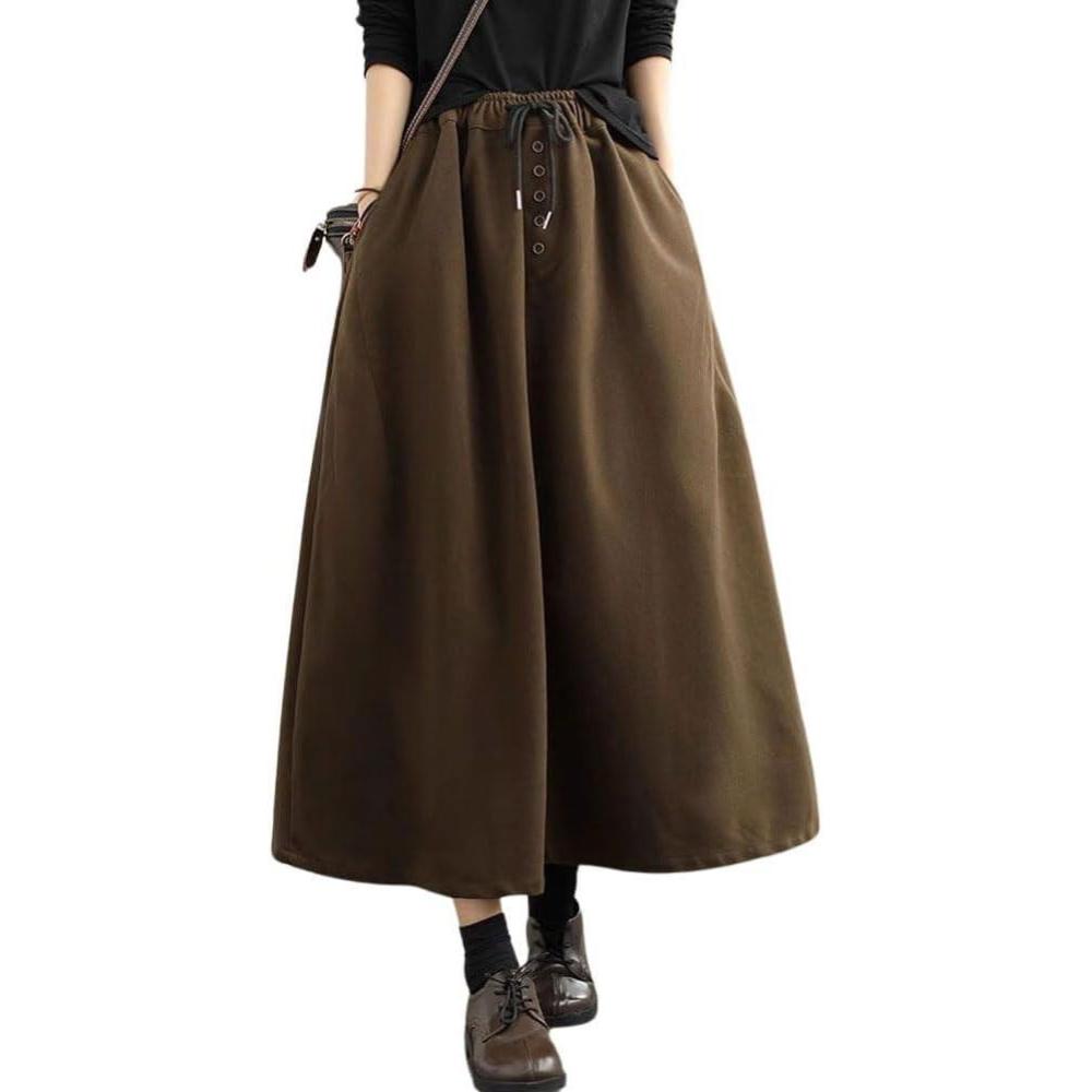 imagechouyatou Womens Elastic Waist Pleated Wool Skirt ALine Wool Blend Midi Long Skirt with PocketsBrown