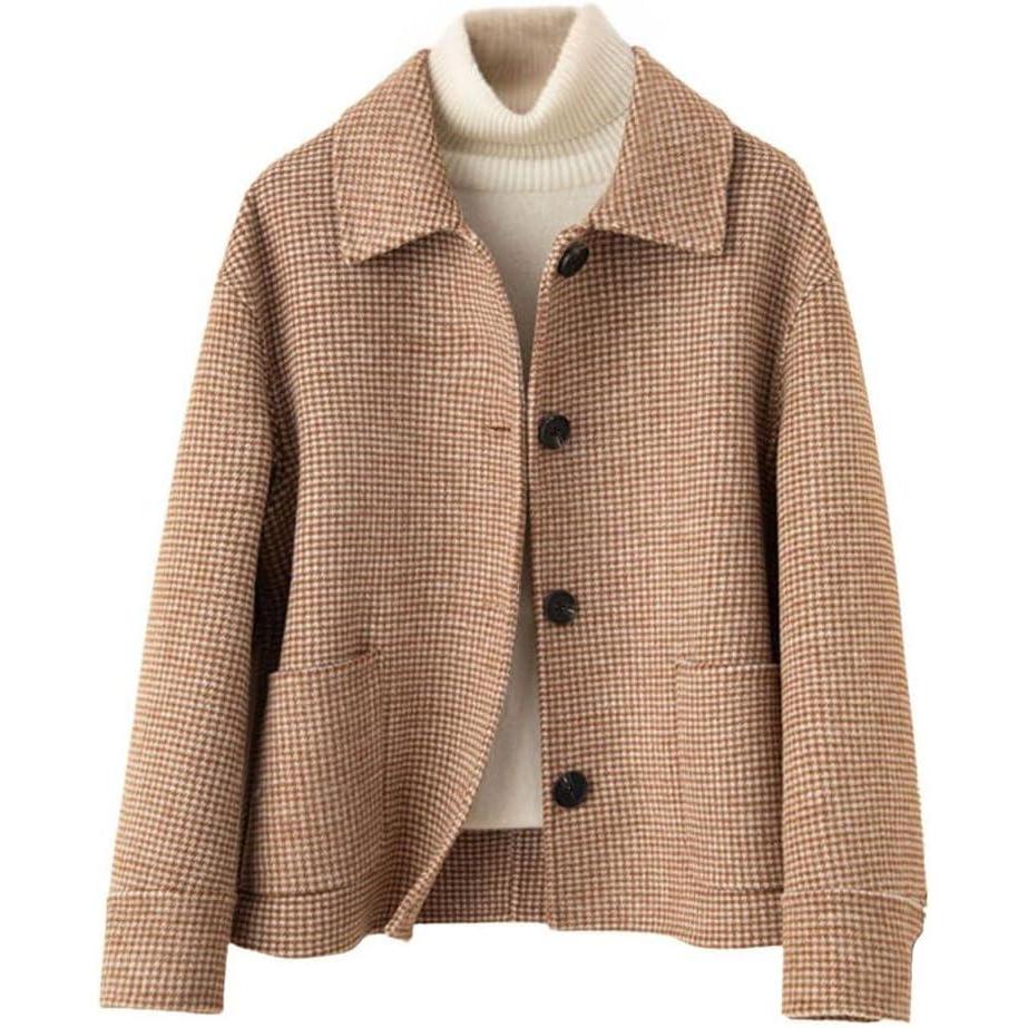 imagechouyatou Womens Elegant Lapel Houndstooth Plaid Wool Coat Casual Single Breasted Wool Blend Pea Coat with PocketsBrown