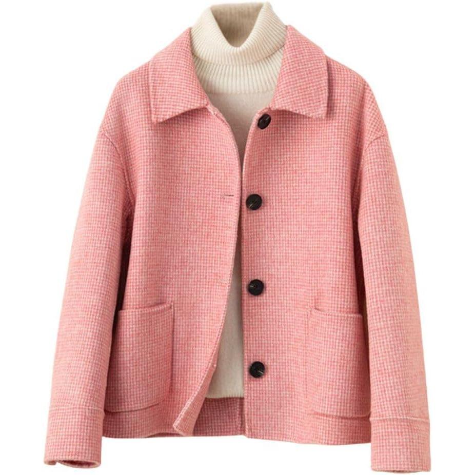 imagechouyatou Womens Elegant Lapel Houndstooth Plaid Wool Coat Casual Single Breasted Wool Blend Pea Coat with PocketsRed