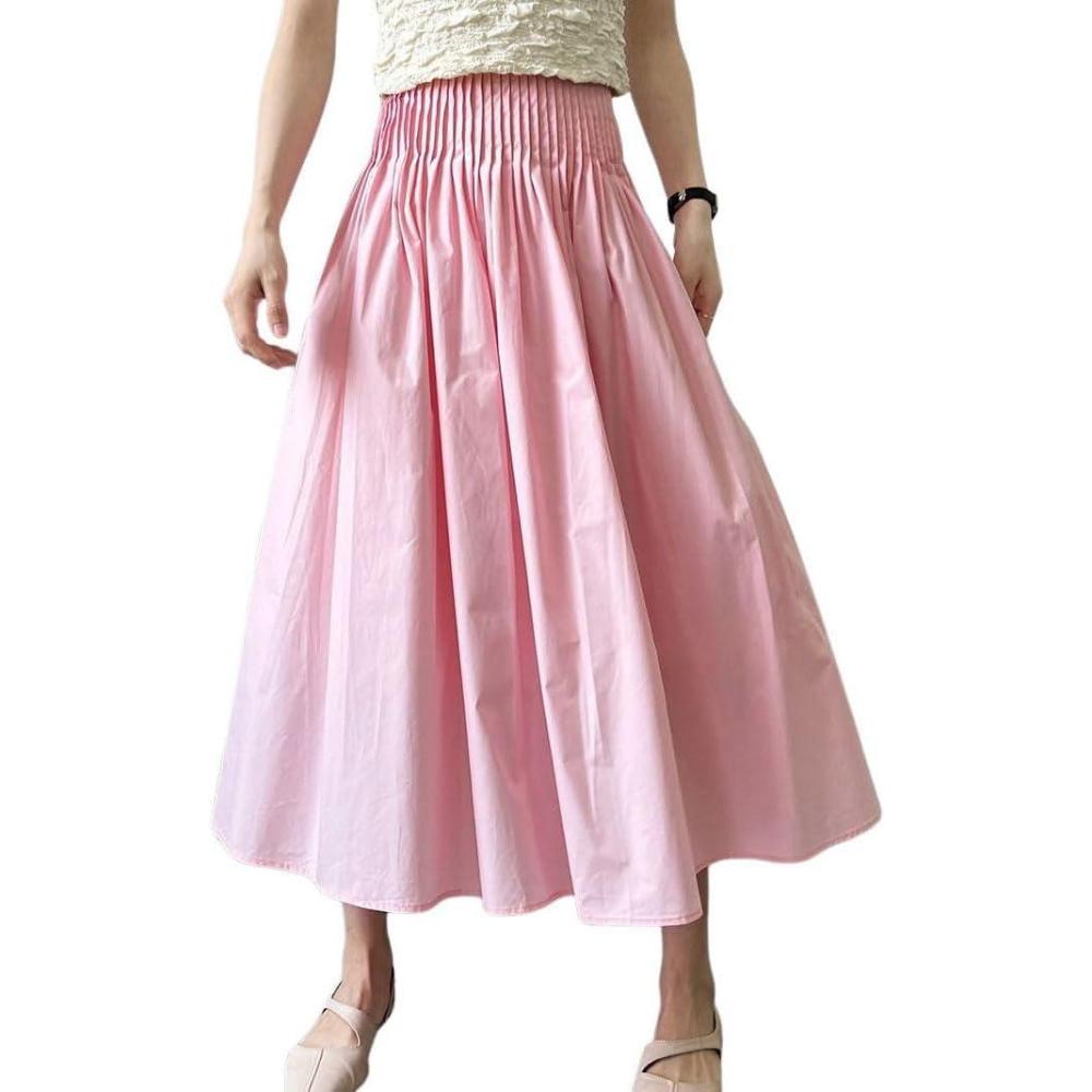 imagechouyatou Womens Elegant Pleated A Line Skirt High Elastic Waist Swing Bohemian Midi Long SkirtPink