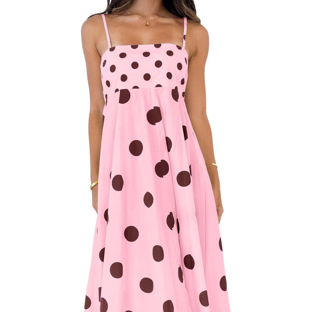 imagechouyatou Womens Elegant Polka Dot Maxi Dress Back Smocked Spaghetti Strap Ruffle Swing Long Dress with PocketsPink