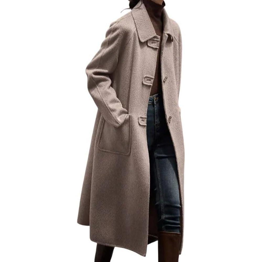 imagechouyatou Womens Elegant Single Breasted Horn Button Wool Coat Long Sleeve Pocketed Midi Long Winter Trench CoatLight Khaki