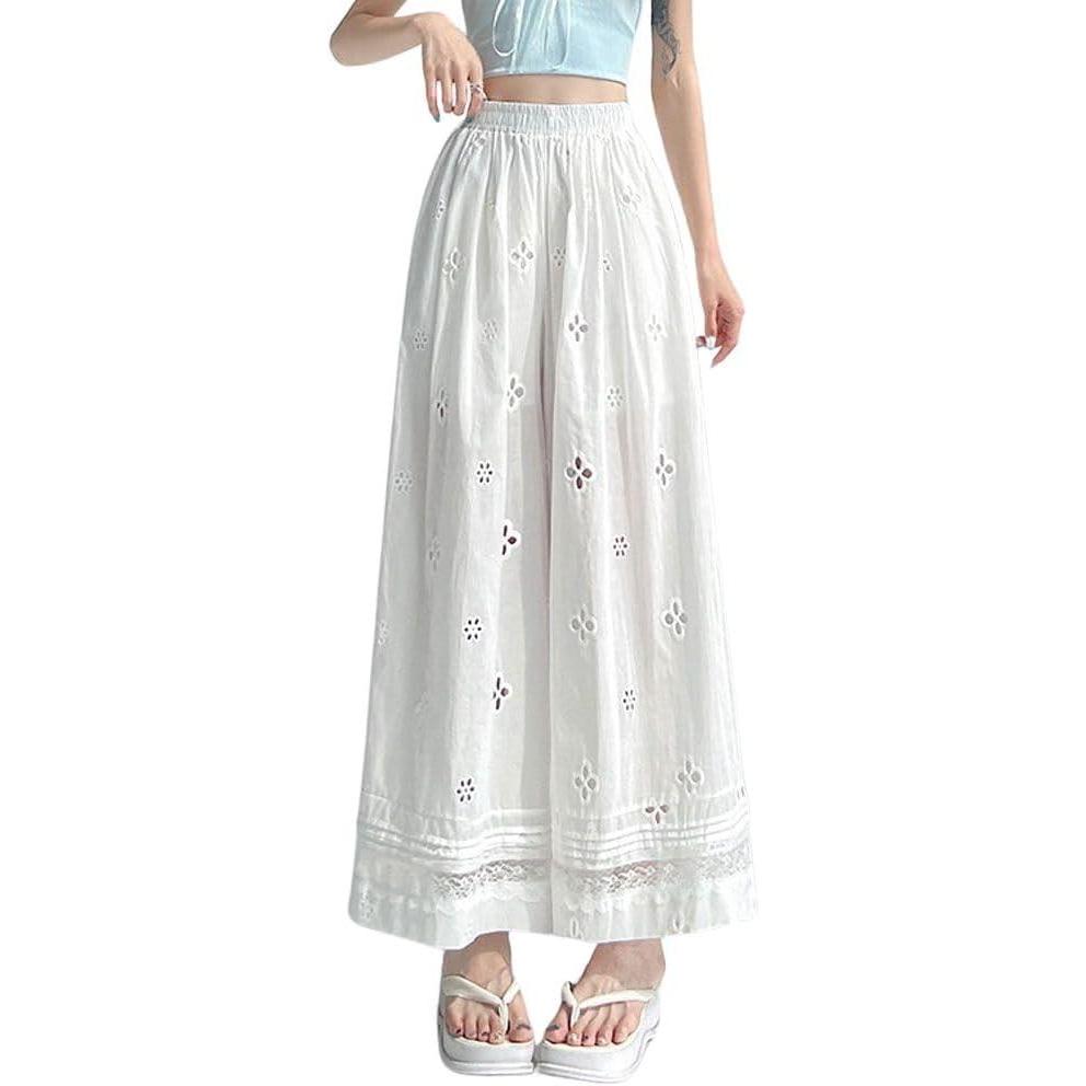 imagechouyatou Womens Eyelet Embroidery Wide Leg Pants Elastic Waist Capri Palazzo Pants Baggy Culottes with PocketsWhite