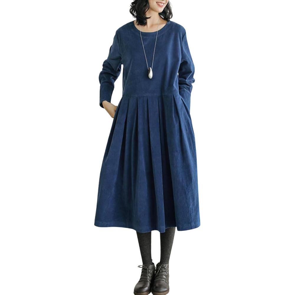 imagechouyatou Womens Fall Babydoll Corduroy Dress Long Sleeve Pleated Pullover Midi Dresses with PocketsBlue