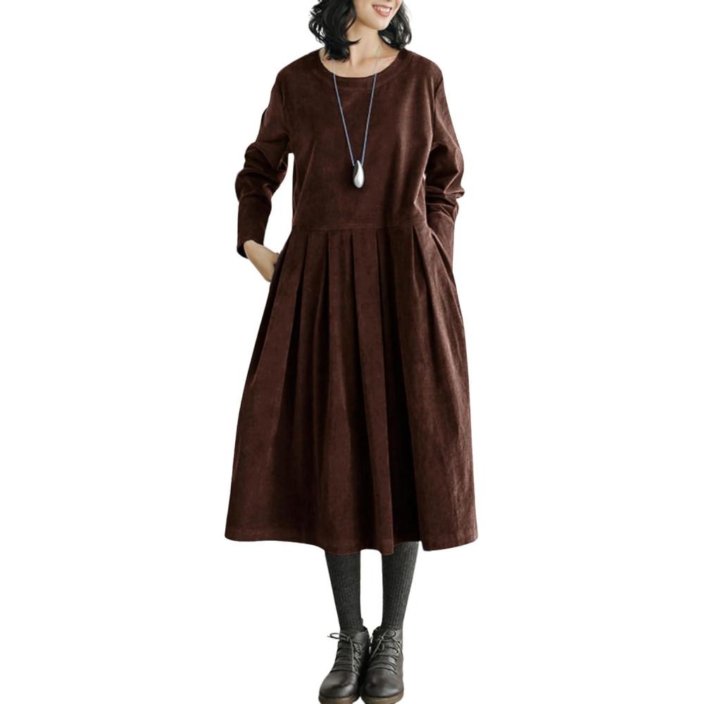 imagechouyatou Womens Fall Babydoll Corduroy Dress Long Sleeve Pleated Pullover Midi Dresses with PocketsBrown