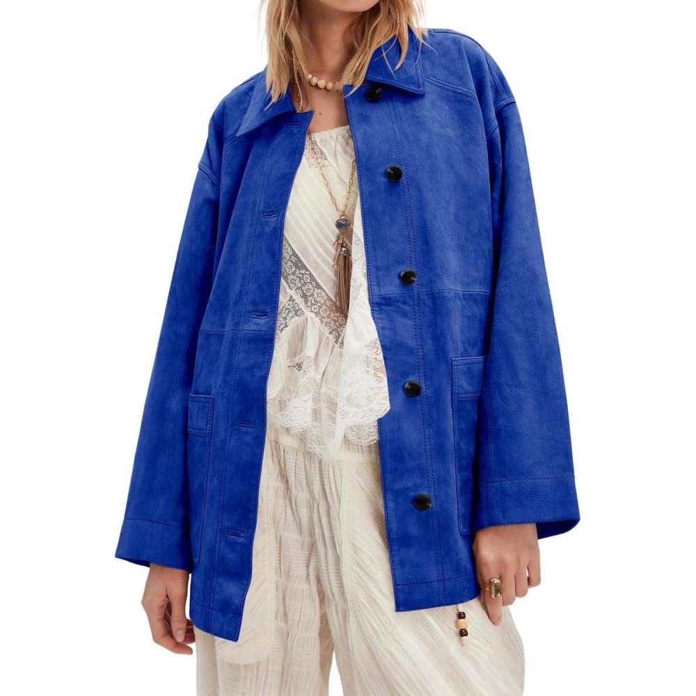 imagechouyatou Womens Fall Casual Faux Suede Leather Jacket Boyfriend Button Down Shacket Coat with PocketsBlue