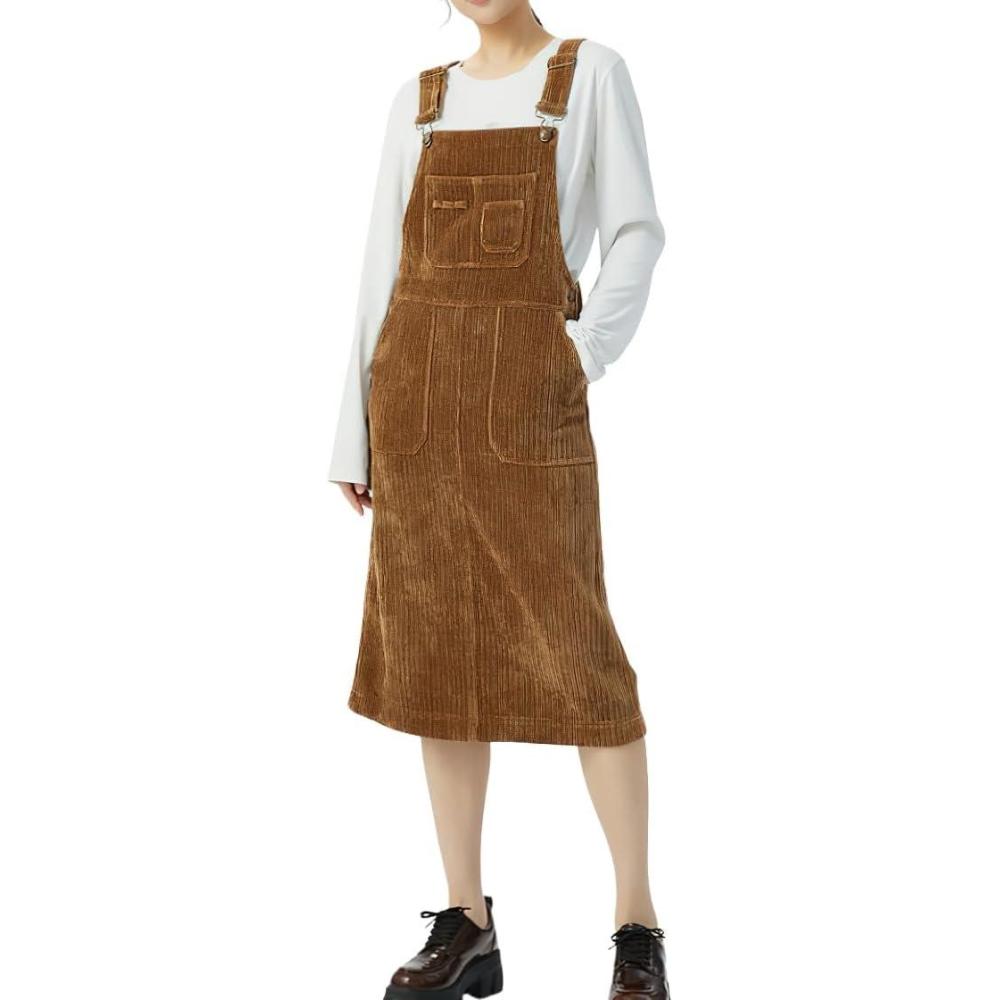 imagechouyatou Womens Fall Corduroy Adjustable Strap Overall Dress Pinafore Elegant Midi Tank DressBrown