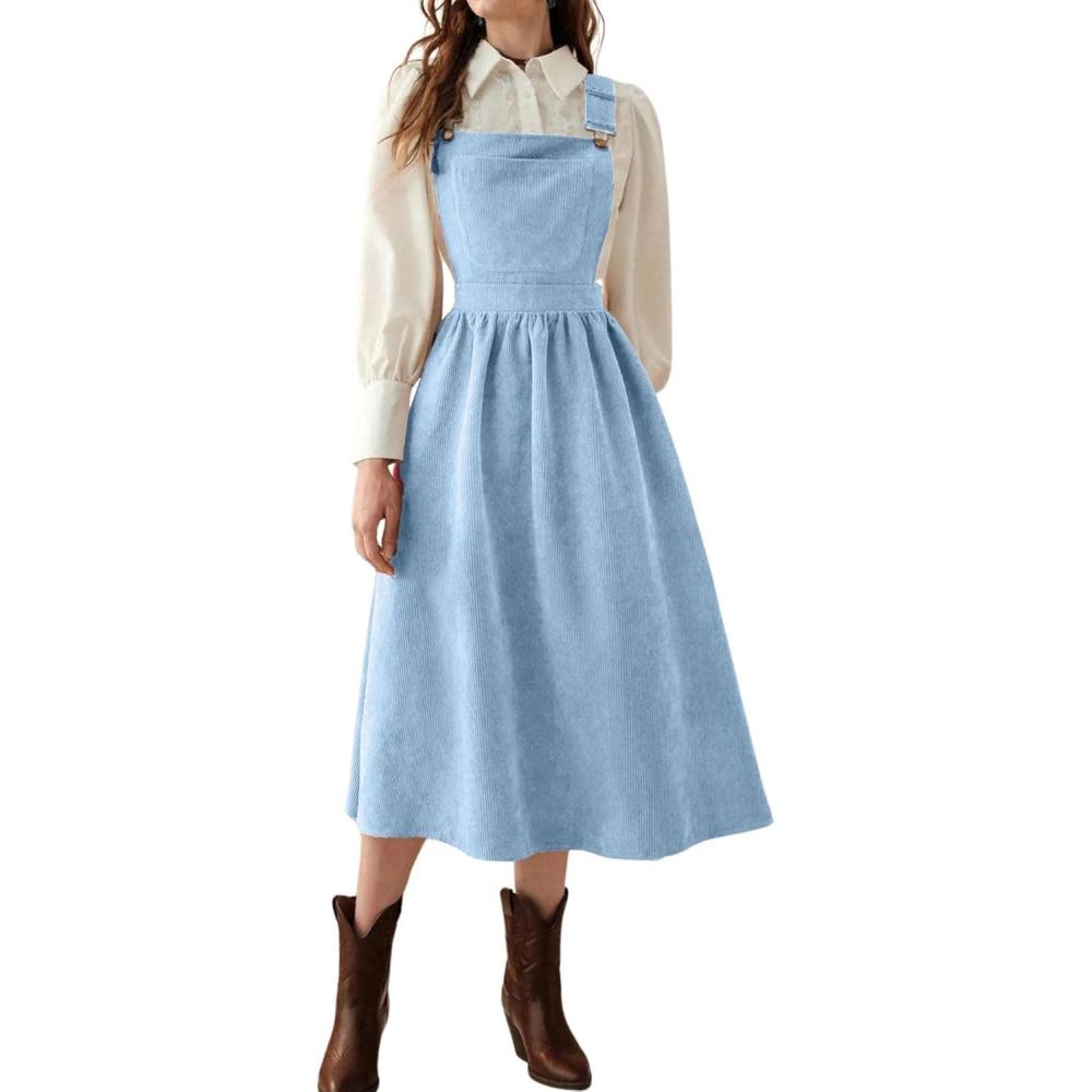 imagechouyatou Womens Fall Corduroy Overall Dress Adjustable Strap A Line Flare Pinafore Midi Jumper DressAzure