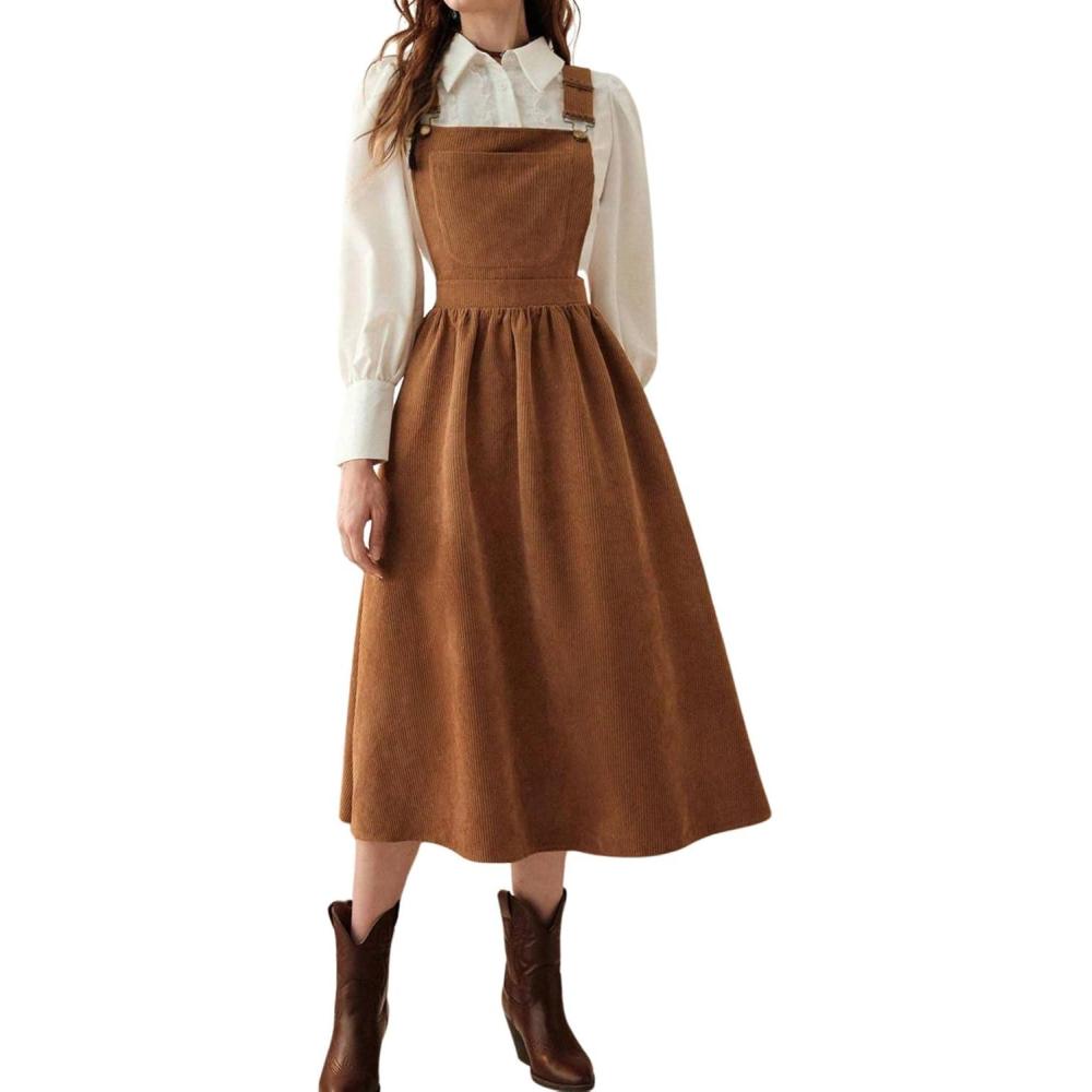 imagechouyatou Womens Fall Corduroy Overall Dress Adjustable Strap A Line Flare Pinafore Midi Jumper DressBrown