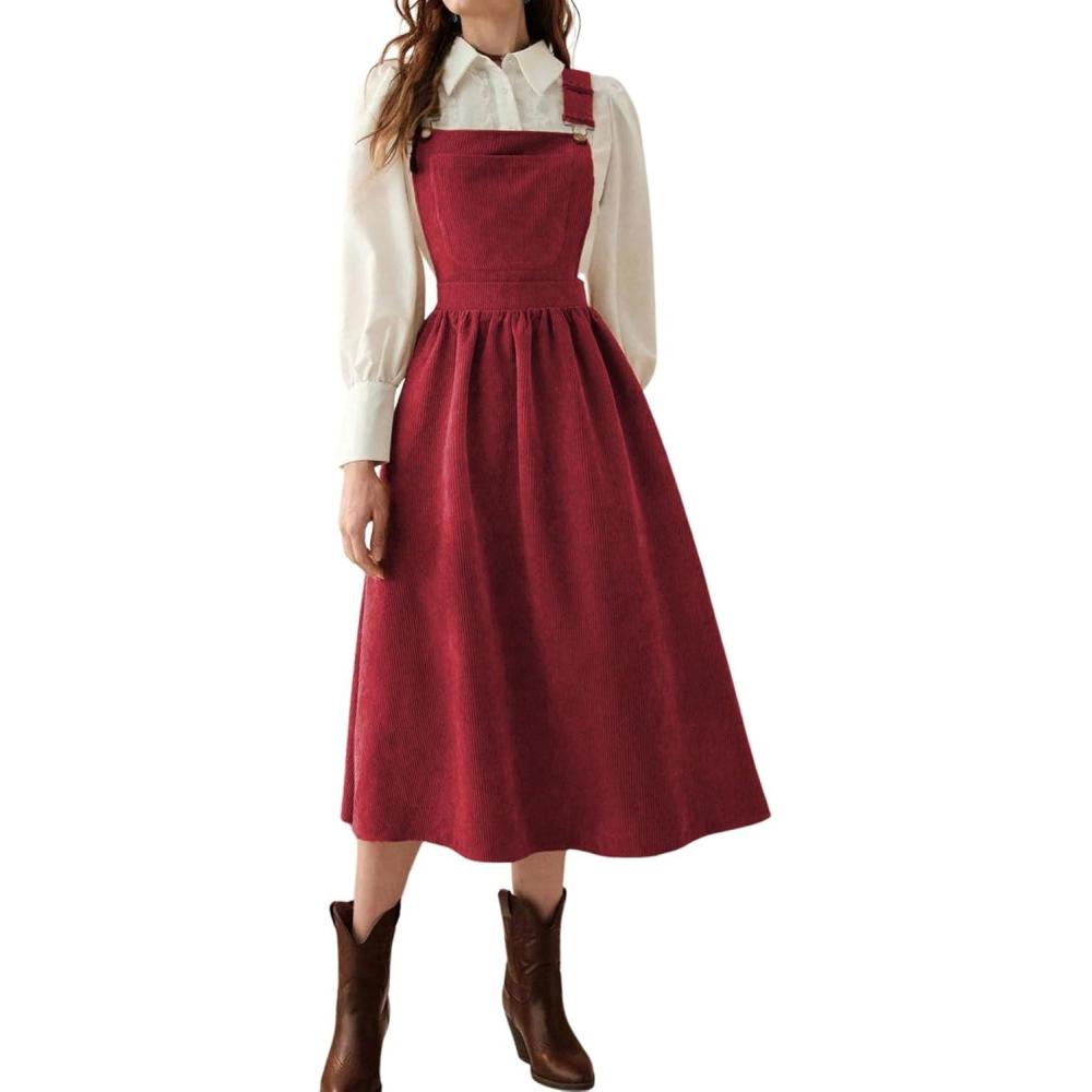 imagechouyatou Womens Fall Corduroy Overall Dress Adjustable Strap A Line Flare Pinafore Midi Jumper DressRed