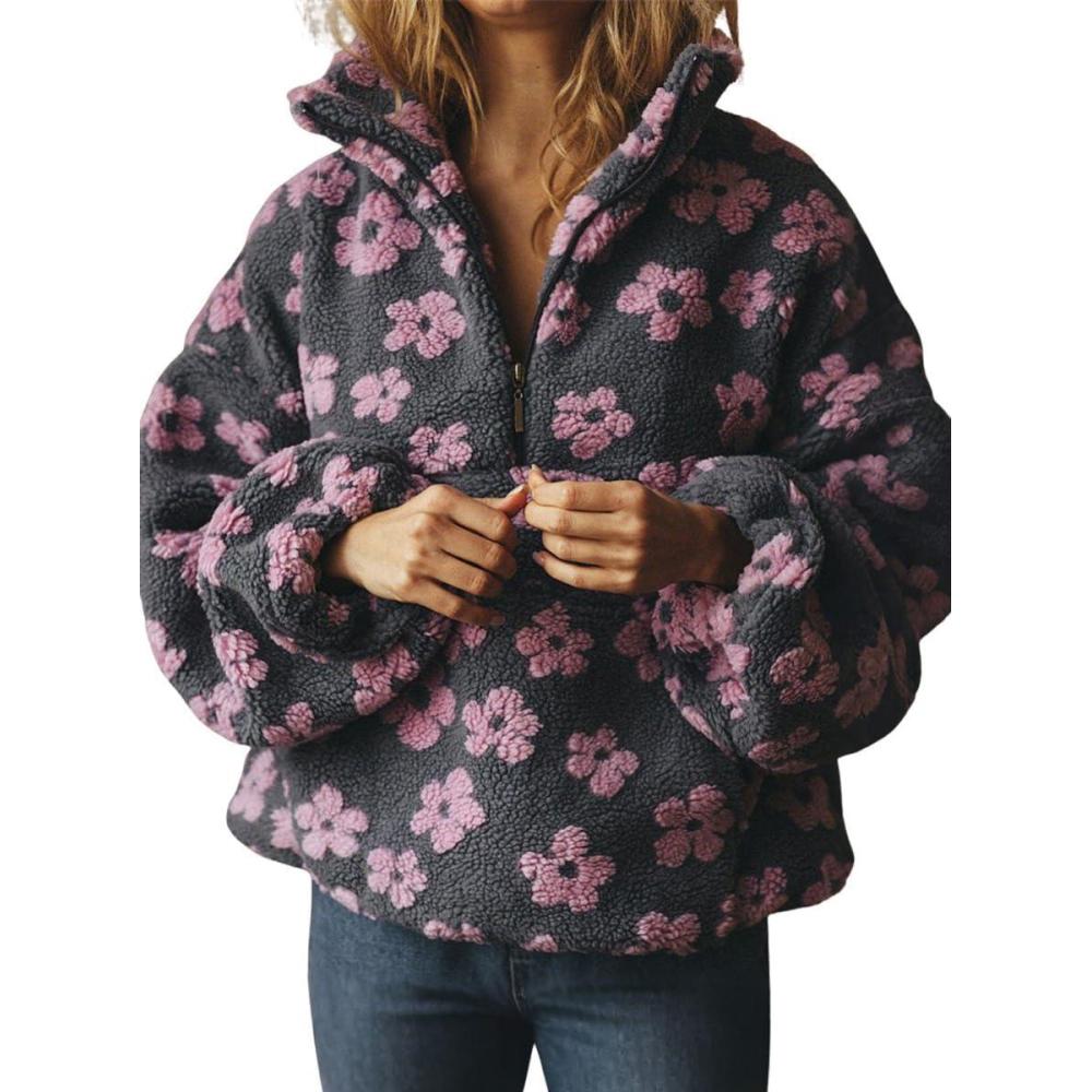 imagechouyatou Womens Fall Cute Floral Faux Fur Pullover Fleece Sweatshirt Y2k Casual Zip Up Winter Sherpa JacketGrey Pink