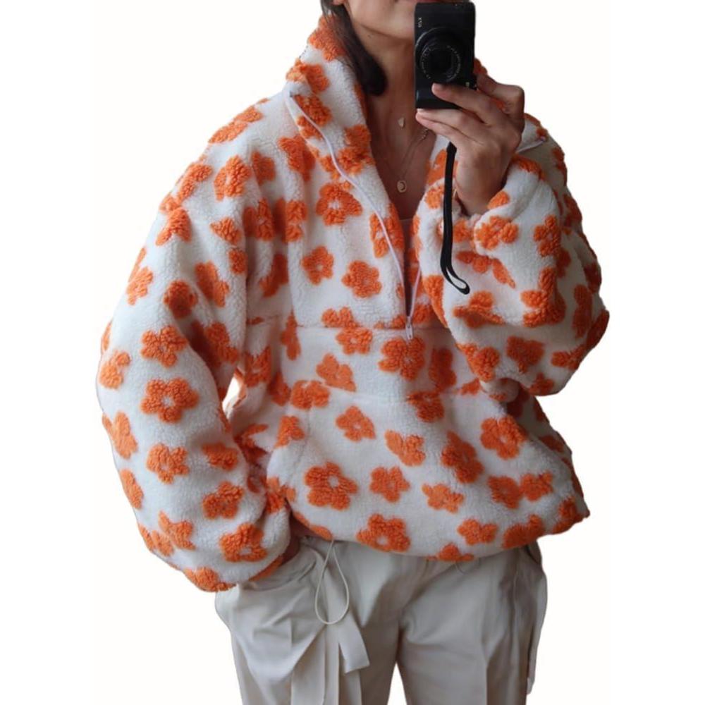 imagechouyatou Womens Fall Cute Floral Faux Fur Pullover Fleece Sweatshirt Y2k Casual Zip Up Winter Sherpa JacketOrange