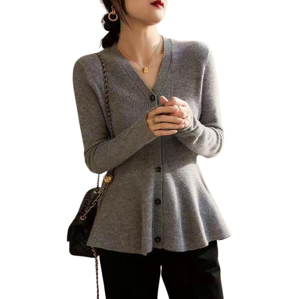 imagechouyatou Womens Fall Lightweight Peplum Cardigan Sweater Button Down Cardigan Jacket Business Casual TopGrey