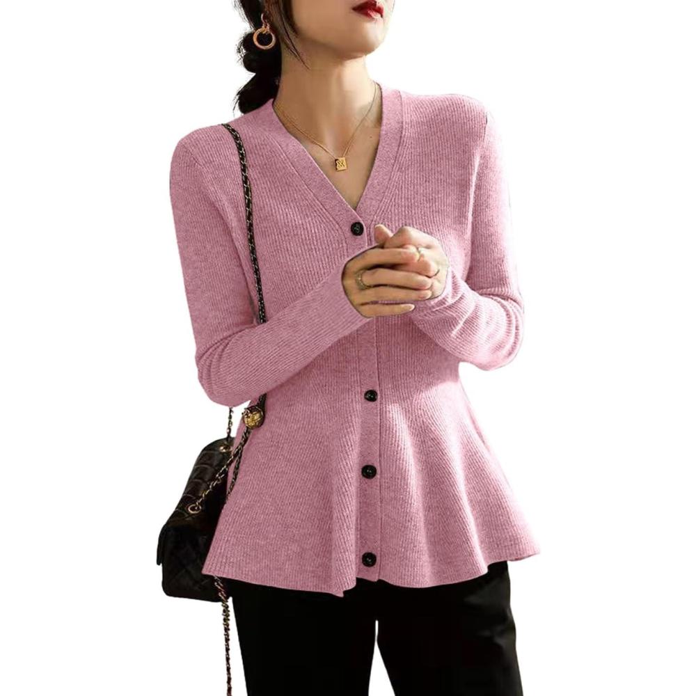 imagechouyatou Womens Fall Lightweight Peplum Cardigan Sweater Button Down Cardigan Jacket Business Casual TopPink