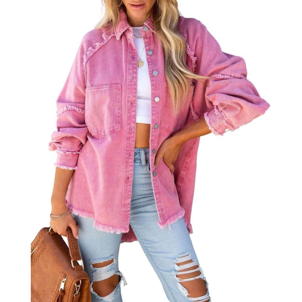 imagechouyatou Womens Fall Oversized Jean Jacket Casual Button Down Denim Shacket JacketHot Pink