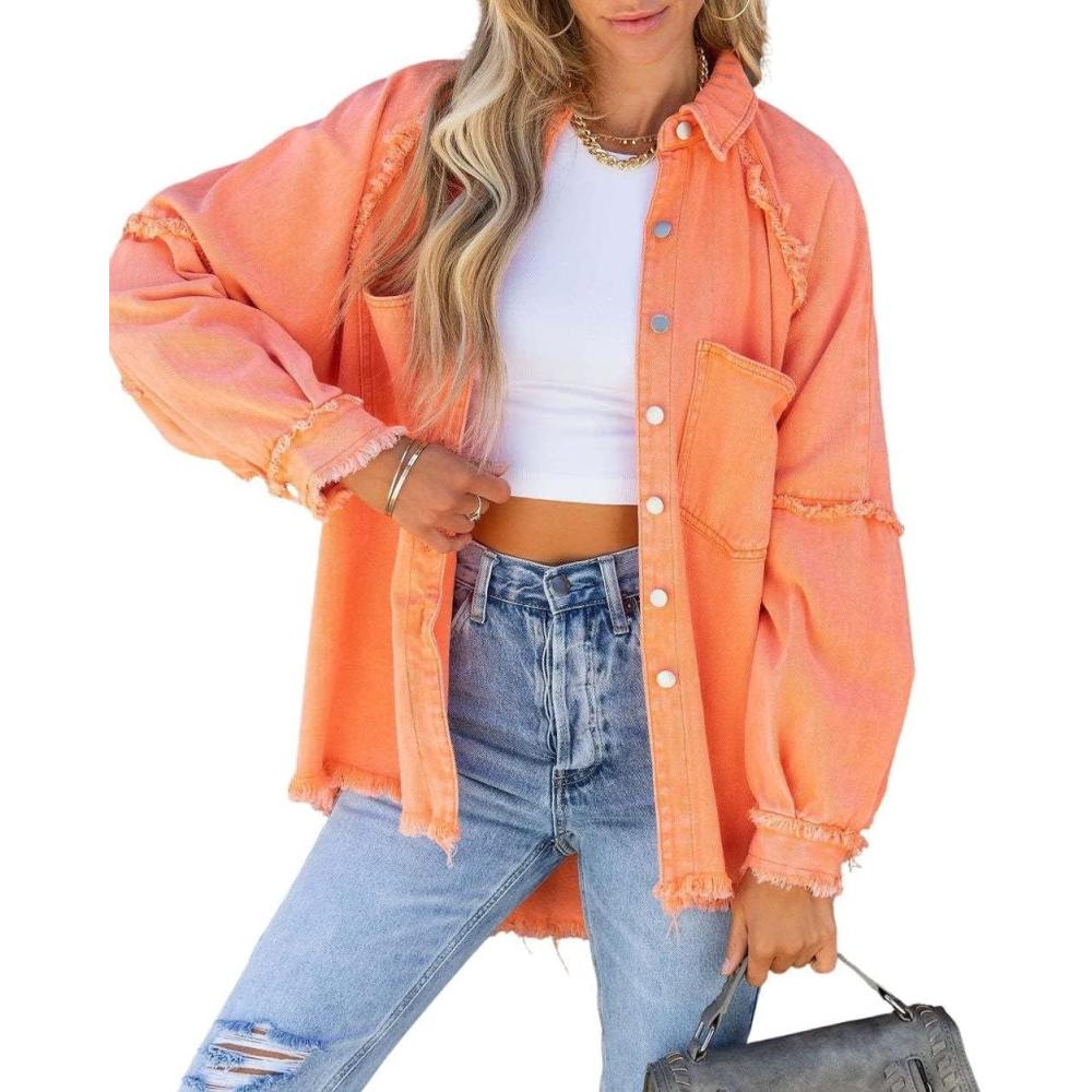 imagechouyatou Womens Fall Oversized Jean Jacket Casual Button Down Denim Shacket JacketOrange