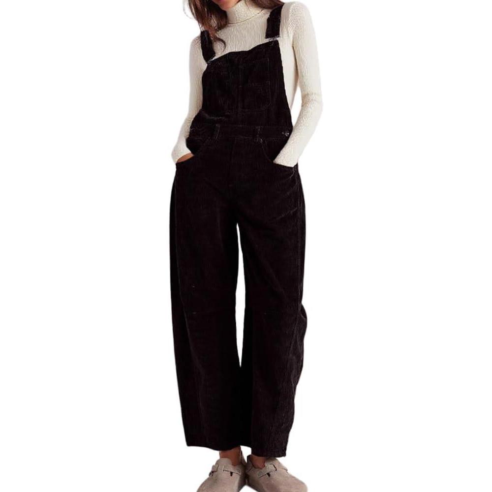 imagechouyatou Womens Fall Winter Corduroy Overalls Boyfriend Adjustable Strap Bib Jumpsuit Barrel Harem PantsBlack