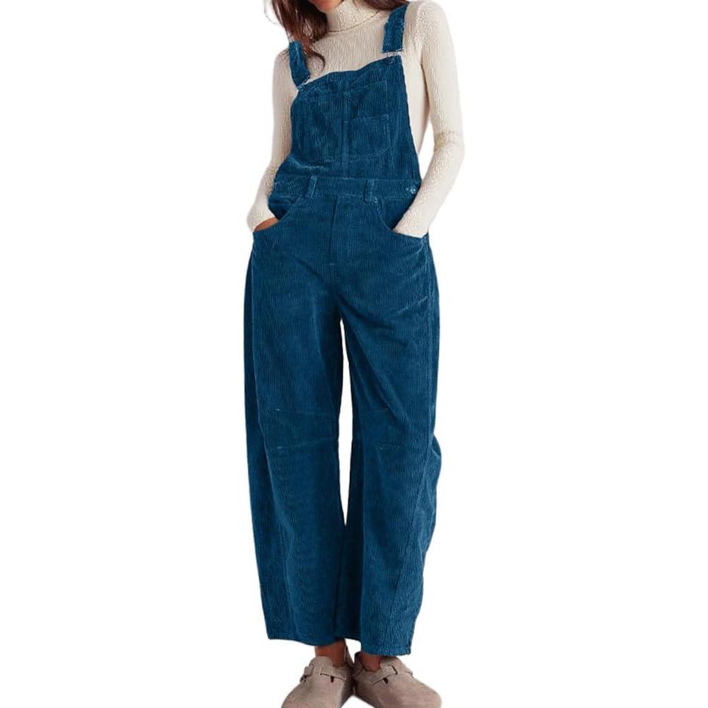 imagechouyatou Womens Fall Winter Corduroy Overalls Boyfriend Adjustable Strap Bib Jumpsuit Barrel Harem PantsBlue