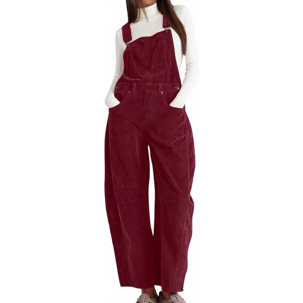 imagechouyatou Womens Fall Winter Corduroy Overalls Boyfriend Adjustable Strap Bib Jumpsuit Barrel Harem PantsBurgundy