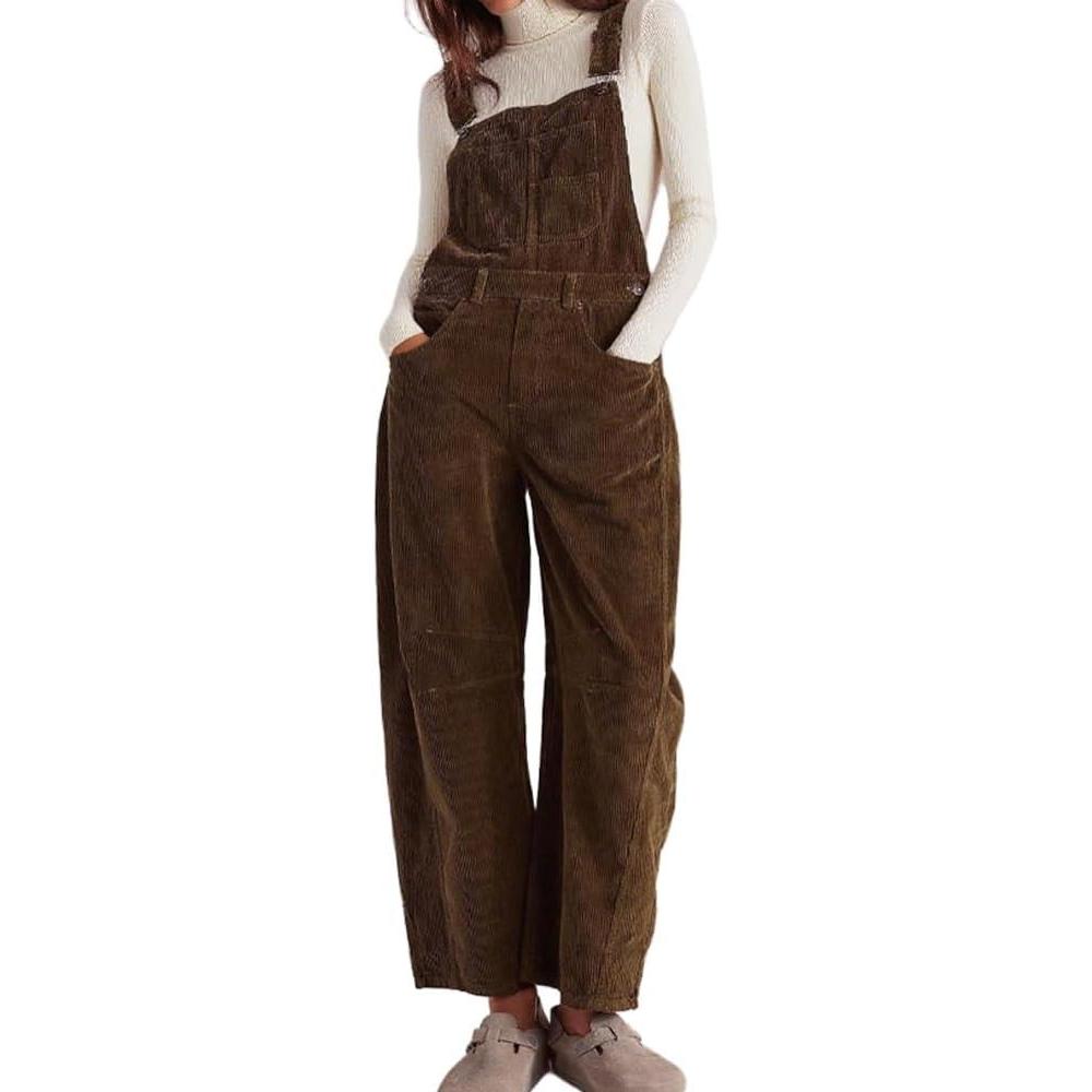 imagechouyatou Womens Fall Winter Corduroy Overalls Boyfriend Adjustable Strap Bib Jumpsuit Barrel Harem PantsCoffee
